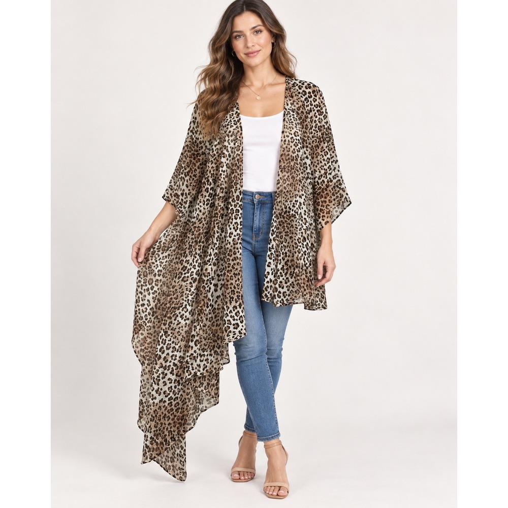 FOND Kimono Wrap Womens Large Brown Leopard Print Asymmetrical Sheer Chiffon